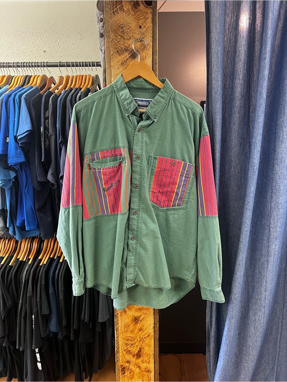 Vintage Radium Green Button-Down Shirt with Red Multi-Stripe Accents